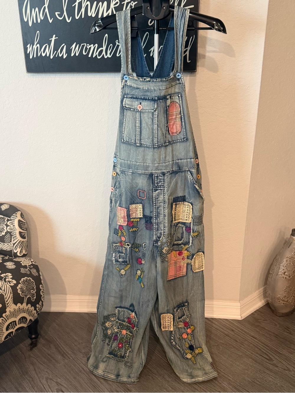 Embroidered Patchwork Denim Overalls - Light Blue